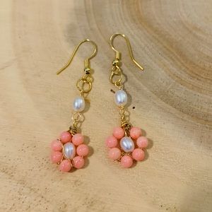 Handmade Coral and Pearl Flower Earrings